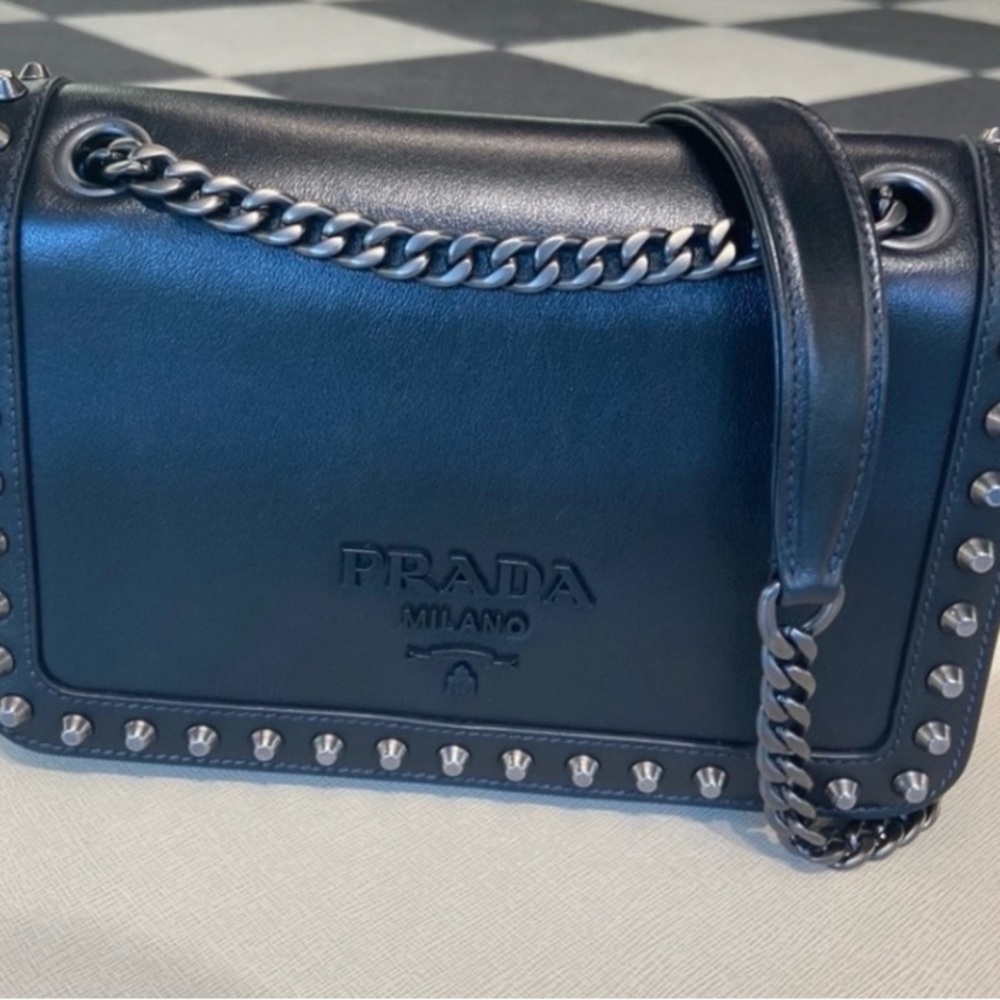Prada Black Studded Leather Crossbody with Chain Strap